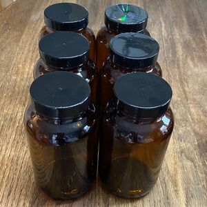 Set of 6 - 12 oz Amber Glass Bottles with Black Lids